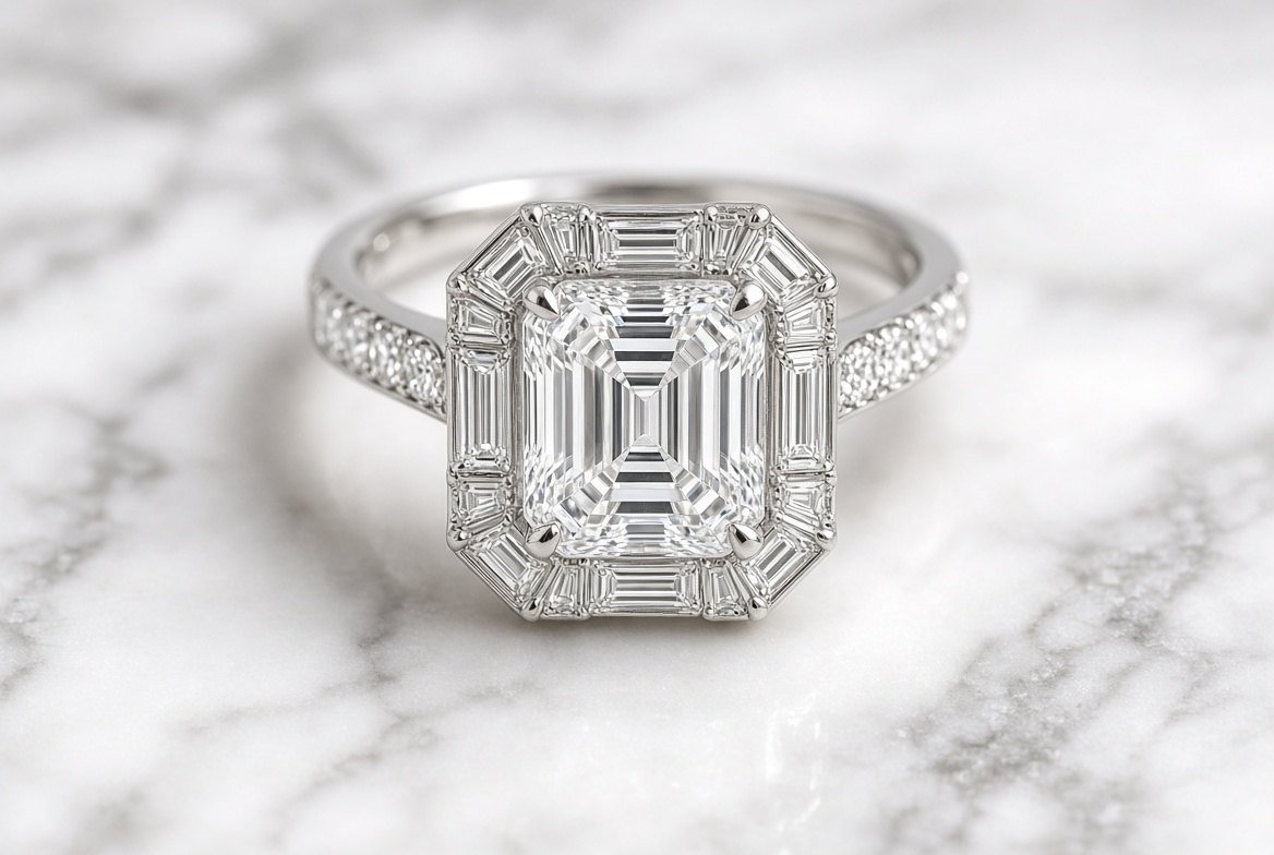 Art Deco Asscher cut diamond ring with a baguette halo on white marble
