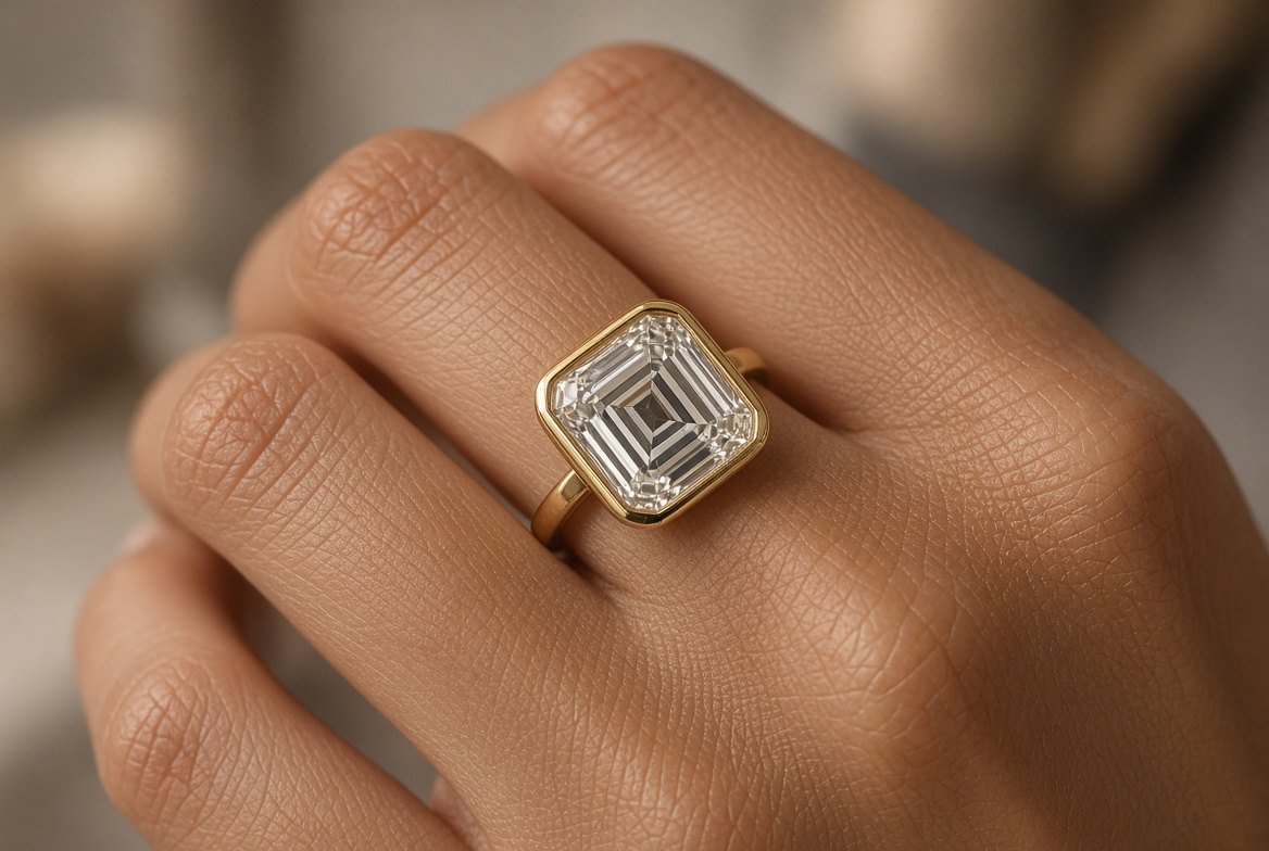 Asscher cut diamond in a yellow gold bezel on a hand
