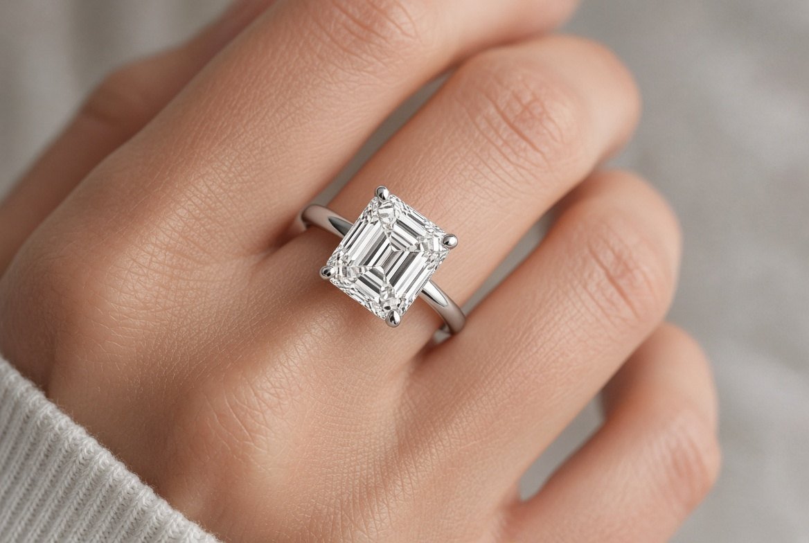 Asscher cut diamond in a platinum four-prong solitaire, showing square outline, cropped corners and step facets