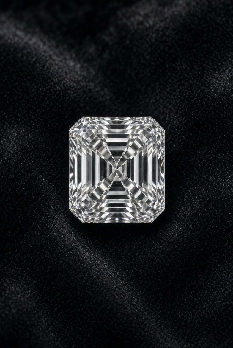 Loose Asscher cut diamond face-up on dark velvet, showing concentric steps and the central windmill pattern
